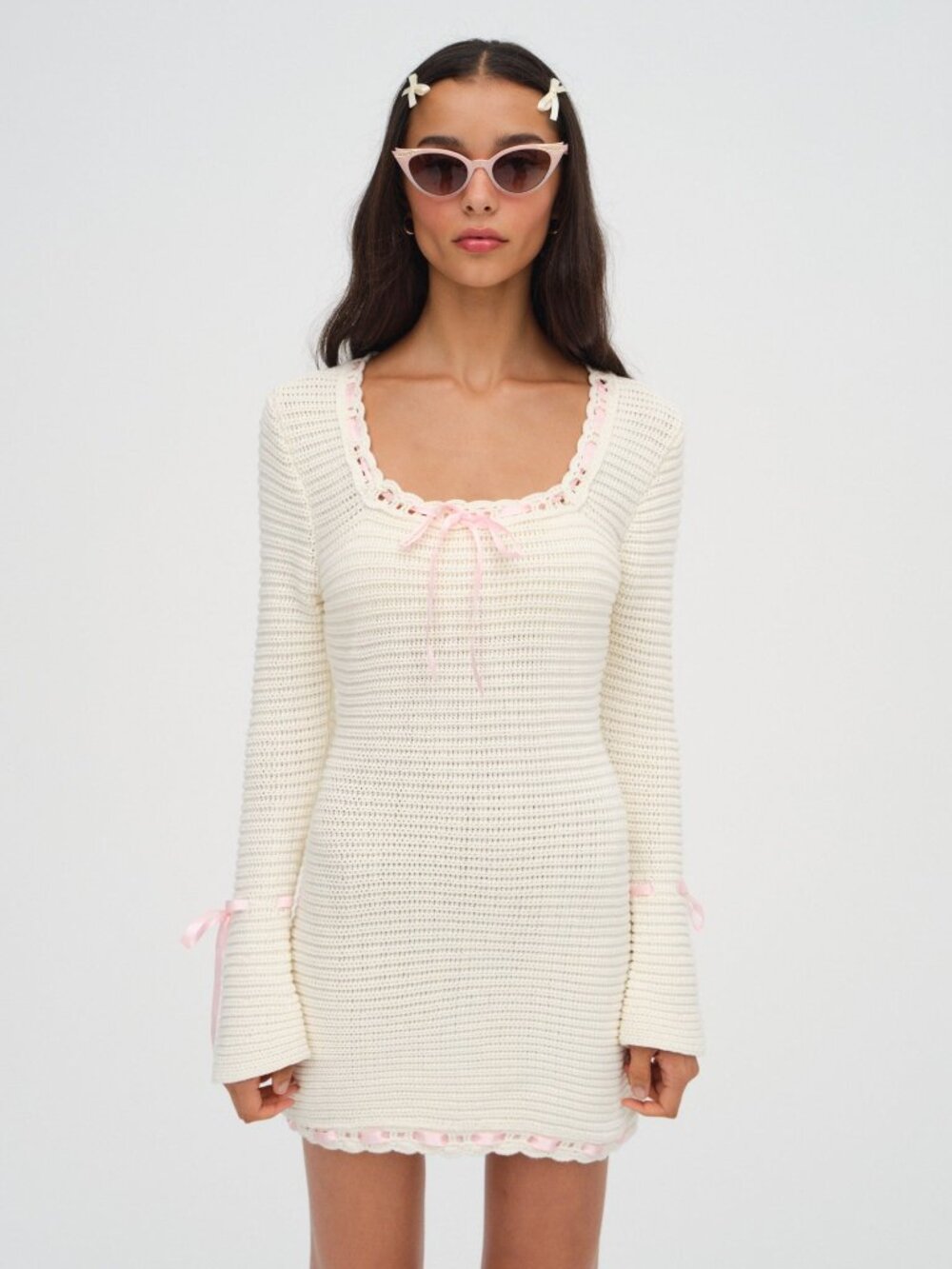 For Love & Lemons Olina Crochet Mini Dress | Pink Ribbon Detailing | XS | NWT
